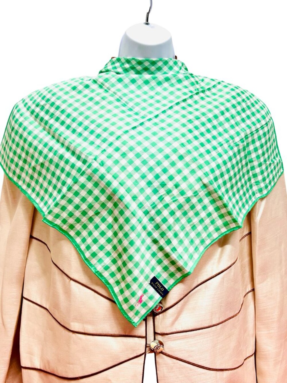New Polo Ralp Raurent Mini Scarf/Handkerchief  cotton 20"  Green wihte check(89 - Picture 2 of 12